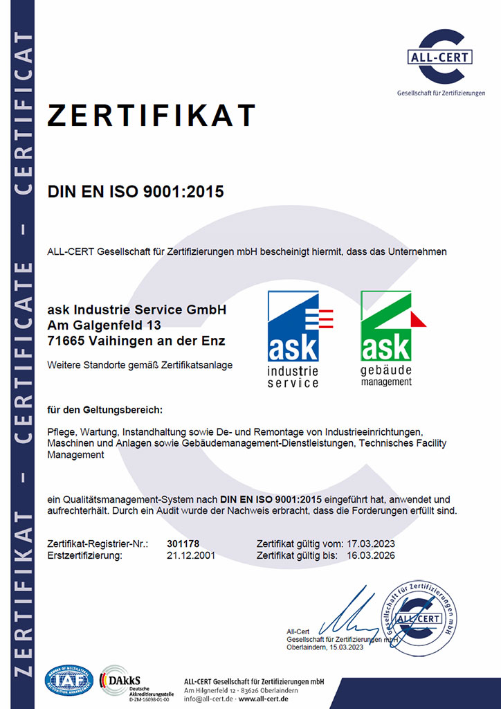 Zertifikat DIN EN ISO 9001 - gültig bis 16.03.2026